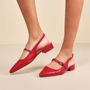 Lulu’s Letita Red Pointed-Toe Slingback Buckle Flats